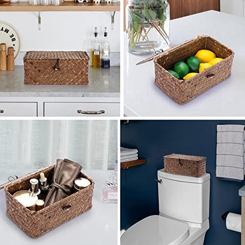 Hipiwe Wicker Shelf Baskets Bin with Lid, Handwoven Seagrass Storage Boxes - Image 3