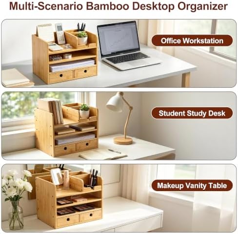 Bamboo Desk Organizer with Drawers, Makeup Storage for Home Office - Image 7