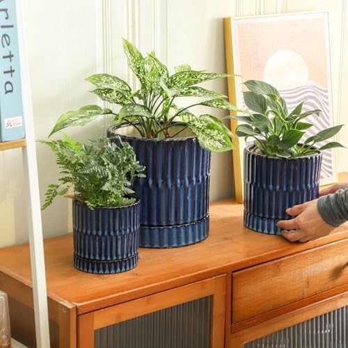 HASENSE Ceramic Pot for Plants, 3-Pack (8/6/4.6 inch) Medium Flower Planter with Drainage Holes & Tray, Rective Glaze Plant Pots Indoor with Ribbed Design, Kithen Home Office Decor, Blue - Image 2