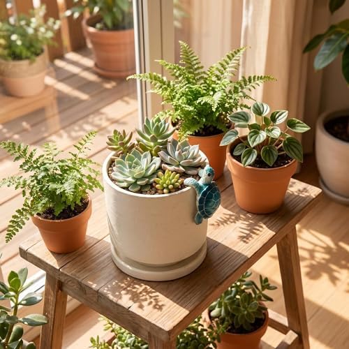 Ceramic Plant Pot with Resin Climbing Tortoise Figure, 5.75 Inch,White - Image 5