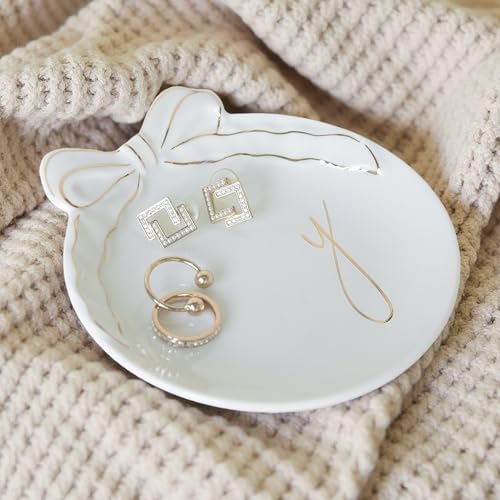 COLLECTIVE HOME Ceramic Jewelry Tray, Monogram Trinket Dish with Bow (Y) - Image 3