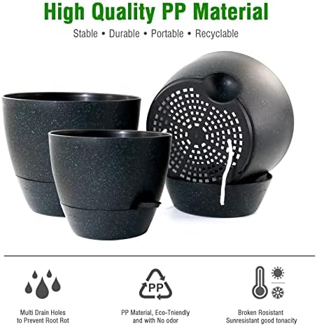 UOUZ Large Self Watering Pots, 12/10/9 Plastic Planters with High Drainage Holes and Deep Reservoir for Indoor Outdoor Garden Plants and Flowers, Black with Green Speckles - Image 5