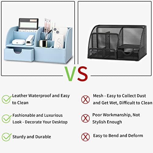 KINGFOM Pu Leather Desk Organizer Pen Pencil Holder Office Supplies Caddy Storage Box 6 Compartments with Drawer Blue - Image 4