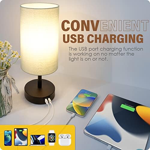 Yarra-Decor Bedside Lamp with USB Port - Touch Control Table Lamp for Bedroom 3 Way Dimmable Nightstand Lamp with Round Grey Fabric Shade for Living Room, Dorm, Home Office (LED Bulb Included) - Image 3