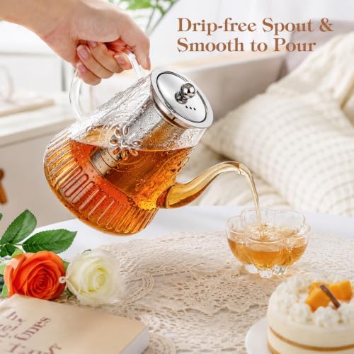 1500ml/52oz Large Glass Teapot, Zpose Vintage Tea Pot with Infuser for Loose Tea, Stovetop Glass Tea Kettle with strainer for 6-7 Cups - Image 2