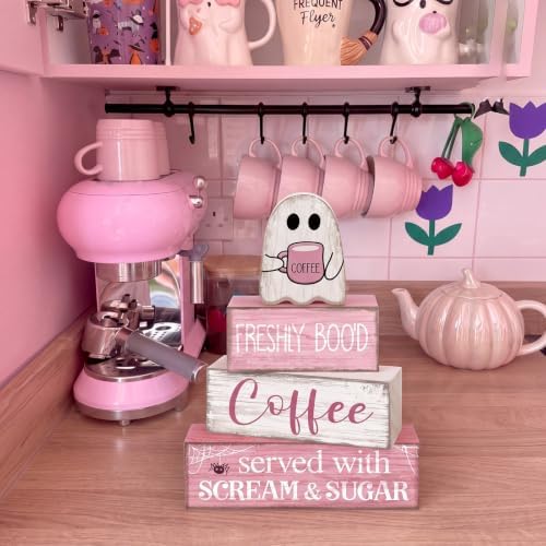 Moucuny 4 Pcs Pink Halloween Table Decorations Coffee Ghost Wooden Blocks - Image 5