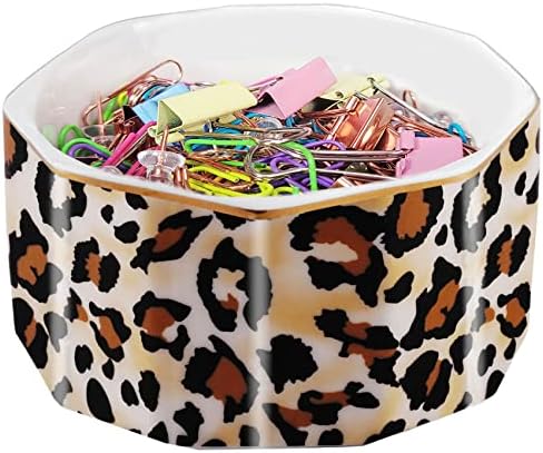 Ceramic Paper Clip Holder Gold Line Paper Clip Dispenser Organizer for Desk Cute Leopard Office Binder Clip Holder Bobby Pin and Hair Clip Holder Gift for Office Brown by LEAZUL