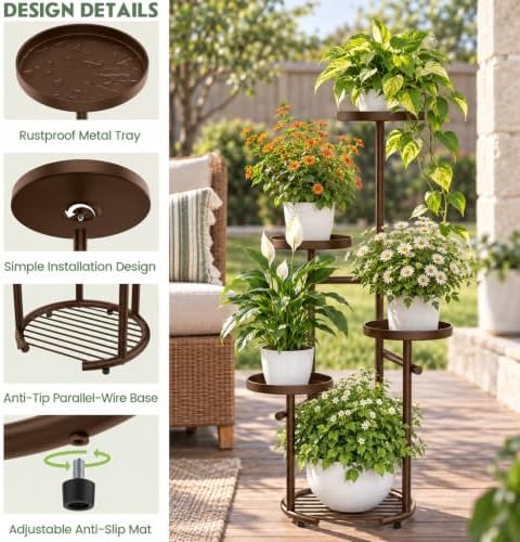 TOSKING Tall 5-Tier Round Metal Corner Plant Stand Indoor, Anti-Tip, Brown - Image 4
