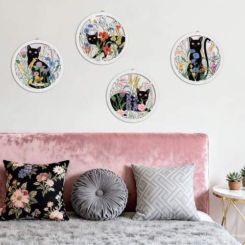 HPNIUB Funny Black Cat Wall Decor,Farmhouse Floral Wooden Signs,4 Pieces 10''x10'' Colorful Botanical Kitten Wall Art,Plant Cat Wood Plaque Home Decor for Pet Shop,Nursery,Lovely Cat Gifts - Image 4