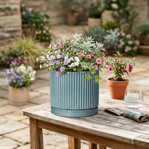 8 Inch Planter, Ceramic Pots for Plants with Saucer, Glaze Blue - Image 4