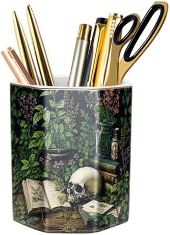 Cute Pen Holder for Desk, Ceramic Pencil Holder Pen Cup Marker Holder Makeup Brush Holders, Desk Accessories & Workspace Organizers for Home, Office, Skull by WAVEYU