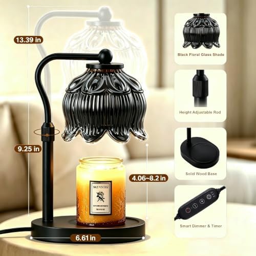 Briever Flower Candle Warmer Lamp, Adjustable Height Electric Candle Lamp with Timer & Dimmer, Wooden Base Wax Warmer, Christmas Birthday Housewarming Gifts for Women Mom, Black - Image 2