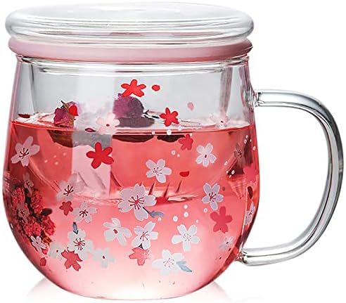 Cherry Blossom Glass Cup and Coaster, Glass Teacup with Infuser and Lid, 300ml Clear Pink Flower Tea Infuser Mug Heat Resistance Borosilicate Glass Drinking Cup, Ideal for Tea Lovers by Unknown