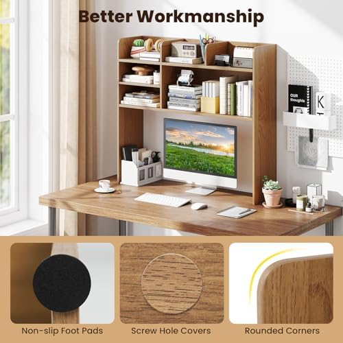 Giantex Desktop Bookshelf, 37" Desk Hutch Dorm for Computer Up to 32 Inch, Countertop Hutch w/6 Storage Shelves, 3-Tier Desktop Organizer Display Rack, Wood Desk Shelf for Home Office (Natural) - Image 6
