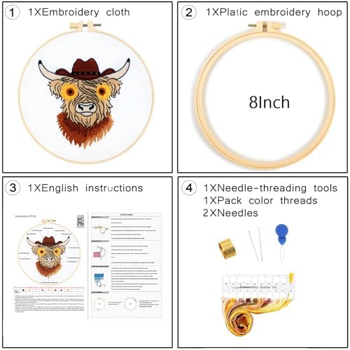Highland Cow Embroidery Kits for Beginners Adults, Animal Hand Embroidery Starters Kits, Stamped Cross Stitch Kits DIY Needlepoint Kits for Beginners Adults, Embroidery Hoop, Thread and Video Tutorial - Image 5