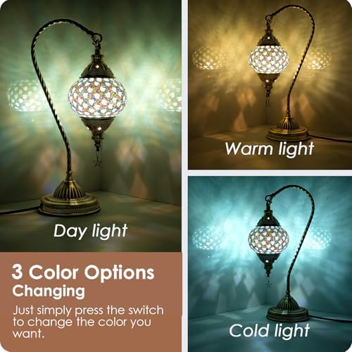 Yarra-Decor Turkish Moroccan Lamp with Bronze Base 3 Color Options Handmade Swan Neck Mosaic Glass Bedside Lamps for Bedroom (LED Bulb Included)(Colorful4) - Image 2