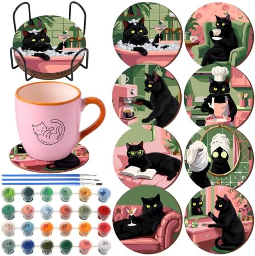 Reallnaive 8 Pcs Black Cat Paint by Numbers Kit for Adults Wooden Coasters by Reallnaive