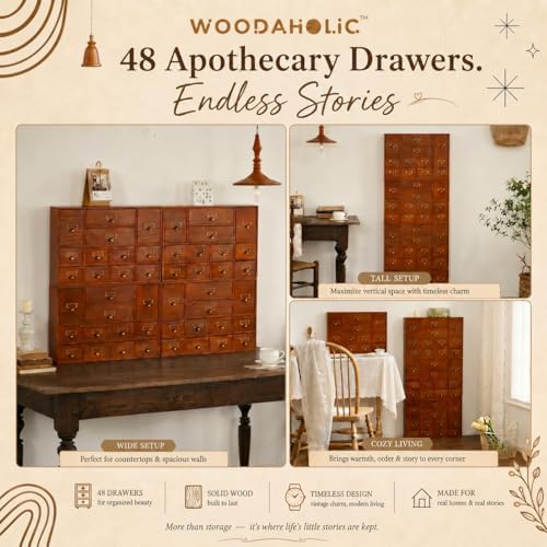 Modular Apothecary Cabinet with 48 Drawers I Stackable Library Card Catalog Organizer, Solid Wood Desktop Storage with Metal Label Holders for Makeup, Crafts, Oils, Tea & Office Supplies - Image 4