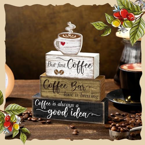 Moucuny 4 Pcs Coffee Bar Sign Wooden Blocks with Cup Topper Coffee Decor - Image 2