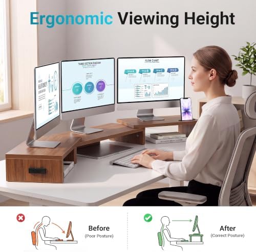 BONTEC Triple Monitor Stand Riser with Smartphone Holder, Walnut - Image 2