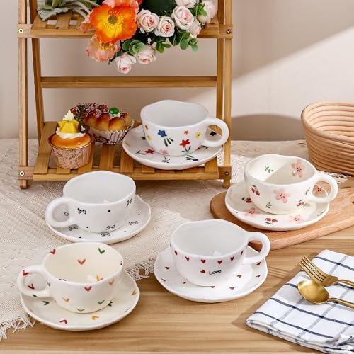 Koythin Ceramic Coffee Mug with Saucers, Handmade Flowers Mugs, Cute Cup for Girl Women, Aesthetic Tea Milk Cup with Handle, 8.5 oz/250 ml for Latte, Cocoa, Office, Home (Colorful Little Hearts) - Image 7
