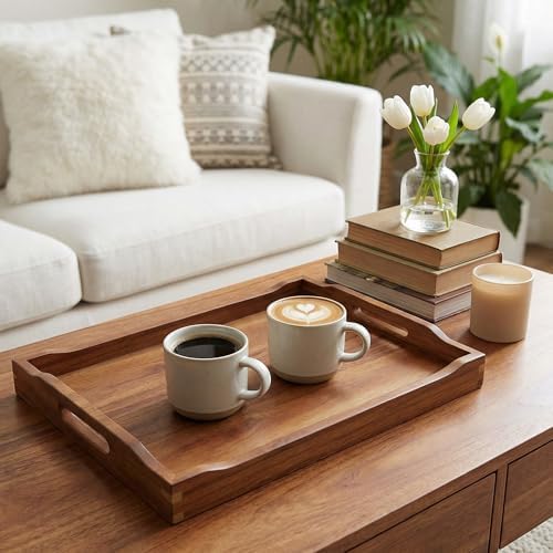 Acacia Wood Accent Serving Tray with Handles for Ottoman Coffee Table - Image 2