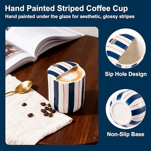 Ceramic Coffee Mug with Sip Hole 10oz Aesthetic Espresso Cup with Hand Painted Striped Coffee Mug for Kitchen Dining Travel (Blue, 1Pack) - Image 4