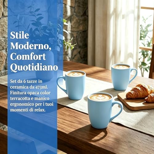 6-Piece 12oz Ceramic Coffee Mugs with Handles, Microwave & Dishwasher Safe, Ideal for Latte, Cappuccino and Hot Tea(Blue) - Image 3