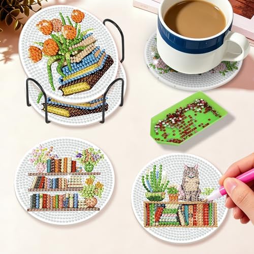 Diamond Art Coasters Kit for Adults, 8PCS Book Lover Coasters with Holder - Image 4