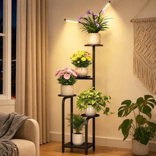 TOSKING Tall 5-Tier Plant Stand Indoor with Adjustable Grow Light, Black by TOSKINGESSENCE