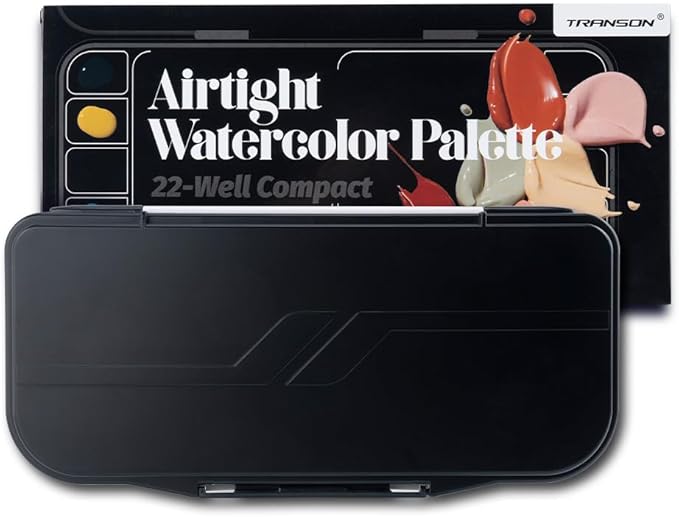 Transon Watercolor Palette Folding with Lid 18wells 2 Mixing Areas and 1 Large Mixing Tray Also for Gouache Acrylic Paint Palette Black Color