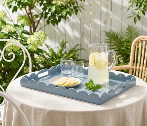 Gesodant Scalloped Glossy Plastic Lacquer Decorative Tray, 15.7 x 11.8 Inch Rectangle Serving Tray with Handles for Coffee Table, Ottoman, Bedroom Vanity, Living Room Centerpiece (Dusty Blue) - Image 4