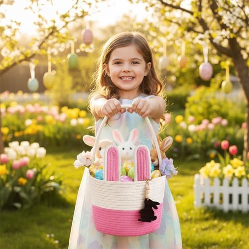 Pro Goleem Easter Basket for Kids, Adorable Woven Egg Hunt Bucket with Handle, Soft First Easter Gift Tote Bag, Nursery Toy Storage Bin with Tag(Pink) - Image 4