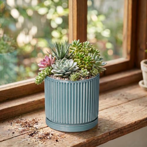 4 Inch Pots for Plants, Ceramic Planter with Saucer, Glaze Blue - Image 3