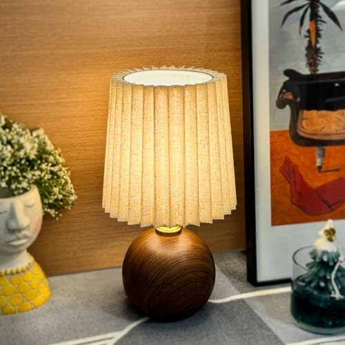 Small Pleated Table Lamp for Bedroom, Bedside Lamps for Nightstand, Dimmable Desk Lamp Ceramic Wood Grain Base Round Flaxen Fabric Shade for Living Room, Kids Room, LED Bulb Included (Modern) by Unknown