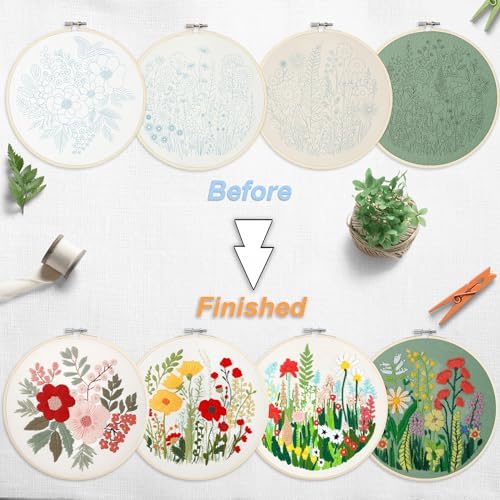 Bonroy Embroidery Kit for Beginners with Instructions,Cross Stitch Kits for Adults with Pattern,Needlepoint Kits for Adult Include Embroidery Cloth Hoops Needles Threads (flowers5) - Image 4