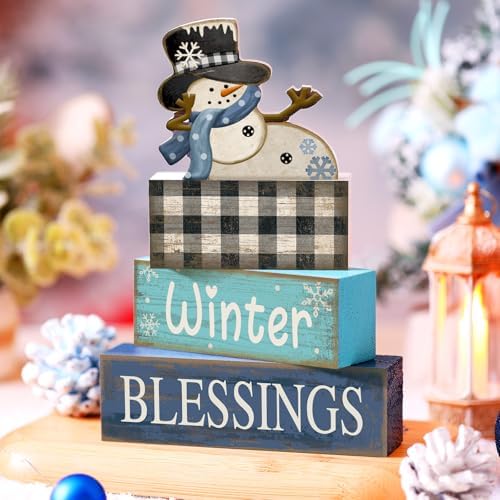 Moucuny 4 Pcs Winter Snowman Wooden Signs Farmhouse Tiered Tray Decor - Image 2