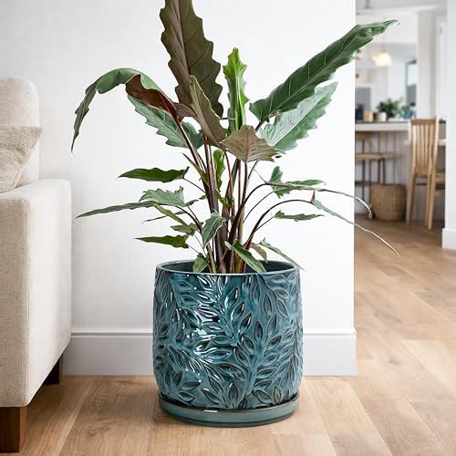 D'vine Dev Embossed Leaves Ceramic Planter, 8 in, Ocean Teal, 27-A-Q-8 - Image 6