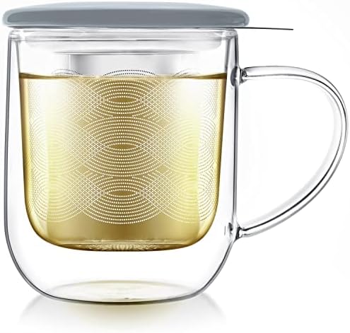 Teabloom Tea-For-One Steeping Mug – Insulated Double Wall Glass Mug (12 oz), Stainless Steel Infuser, Porcelain Lid/Coaster – Great For Brewing Loose Leaf Tea by Teabloom