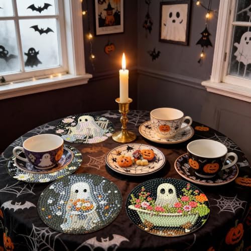 LWZAYS 8 PCS Halloween Ghost Diamond Art Coaster Kits with Holder - Horror Diamond Painting for Adults Beginners - 5D Gem Art Dots Paintings with Cork Pads - Crafts Supplies - Image 3