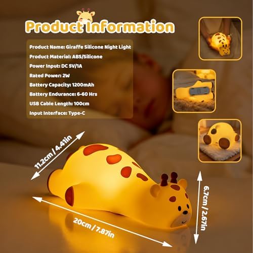 Kawaii Giraffe Lamp Silicone Night Light, Tap Control Squishy Baby Lights for Nursery, 3 Levels Dimmable Rechargeable LED Bedside Lamp with Timer, Giraffe Gifts for Toddler, Bedroom, Toy - Image 4