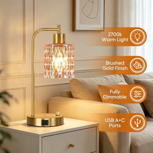 Table Lamps Set of 2, Champagne Glass Dimmable Bedside Lamps for Bedroom - Image 5