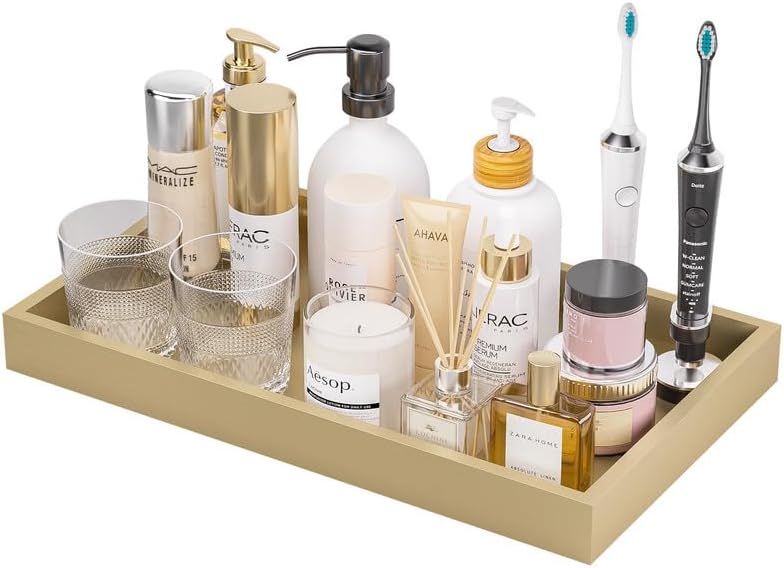 ZHWS Gold Bathroom Vanity Tray for Countertop Perfume Makeup Jewelry Candle Decor, Kitchen Tray for Soap Dispenser Spice Salt, Large Gold Tray for Toilet Tank Paper, Serving Nightstand 13”x6.5” by ZHWS