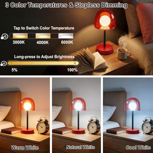 Cordless Table Lamp, Rechargeable Battery Operated Touch Control, Red - Image 3