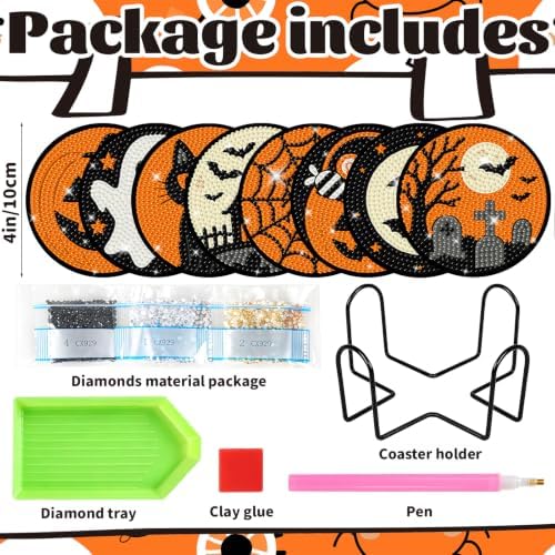 8 Pcs Halloween Diamond Art Coasters with Holder Ghost Pumpkin Craft Kit - Image 2
