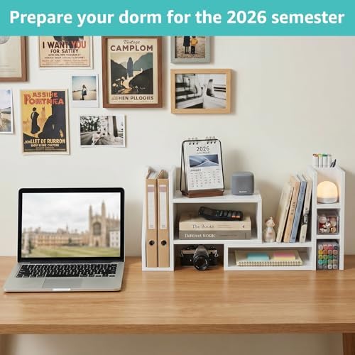 Desktop Shelf Desk Organizer File Holder - Dorm College Desk Bookshelf, Adjustable White Wood Shelving, Small Countertop Bookcase for Office Supplies, Student Study Desk & Home Organization Rack - Image 4