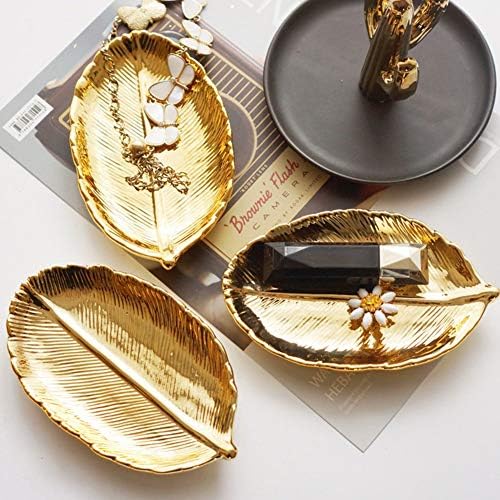 Lependor Golden Leaf Shaped Small Ceramic Jewelry Ring Dish Necklace Bracelet Holder Tray Organizer, Ceramic Decorative Trinket Dish for Wedding Party Woman Girl -Small Gold Leaf - Image 5