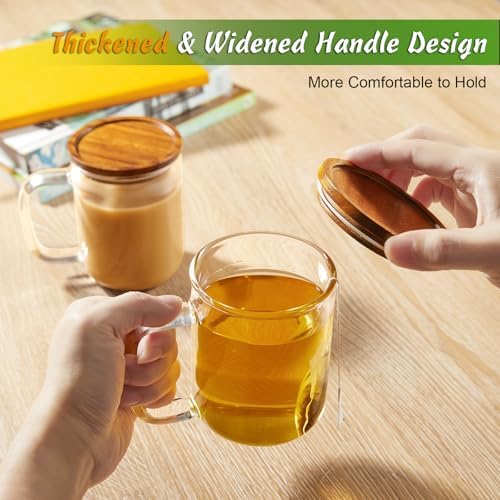 DRASTAR Glass Coffee Cups,12 oz Clear Coffee Mugs with Acacia Wood Lid,Flat Bottomed Coffee Mug with Handles,Tea Cup Set of 2 - Image 6