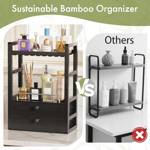 AmazerBath Bamboo Bathroom Counter Organizer, 2-Tier Makeup Organizer with 2 Drawers, Vanity Organizer Storage Coffee Matcha Station, Compact Shelf for Bathroom Kitchen Office Countertop, Black - Image 6