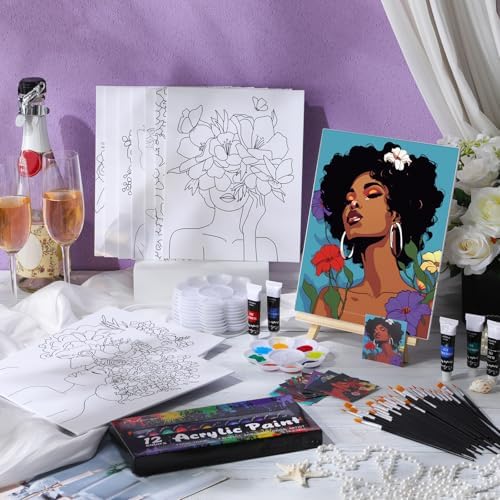 Ctosree 72 Pcs Flower Lady Paint and Sip Kit for Adults 8'' x 10'' Pre Drawn Canvas for Painting DIY Pre Printed Canvas for Party Favor Acrylic Painting Kit Wood Easel Brushes Date Night Bulk - Image 2